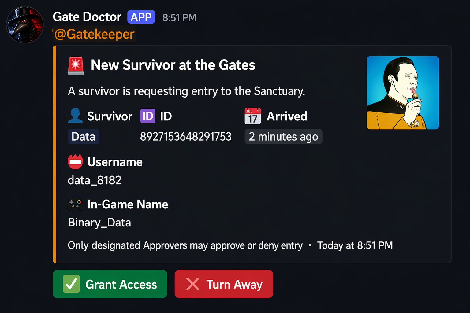Approval card in #intake-log